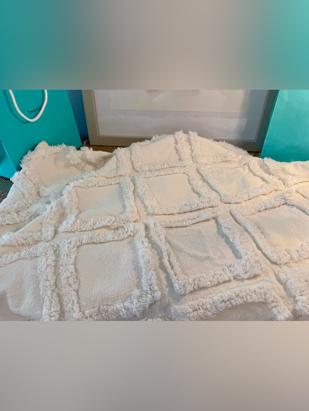 🌸H44 - Plush Ivory Tufted Square Throw Blanket - BOHO 🤍🛍️